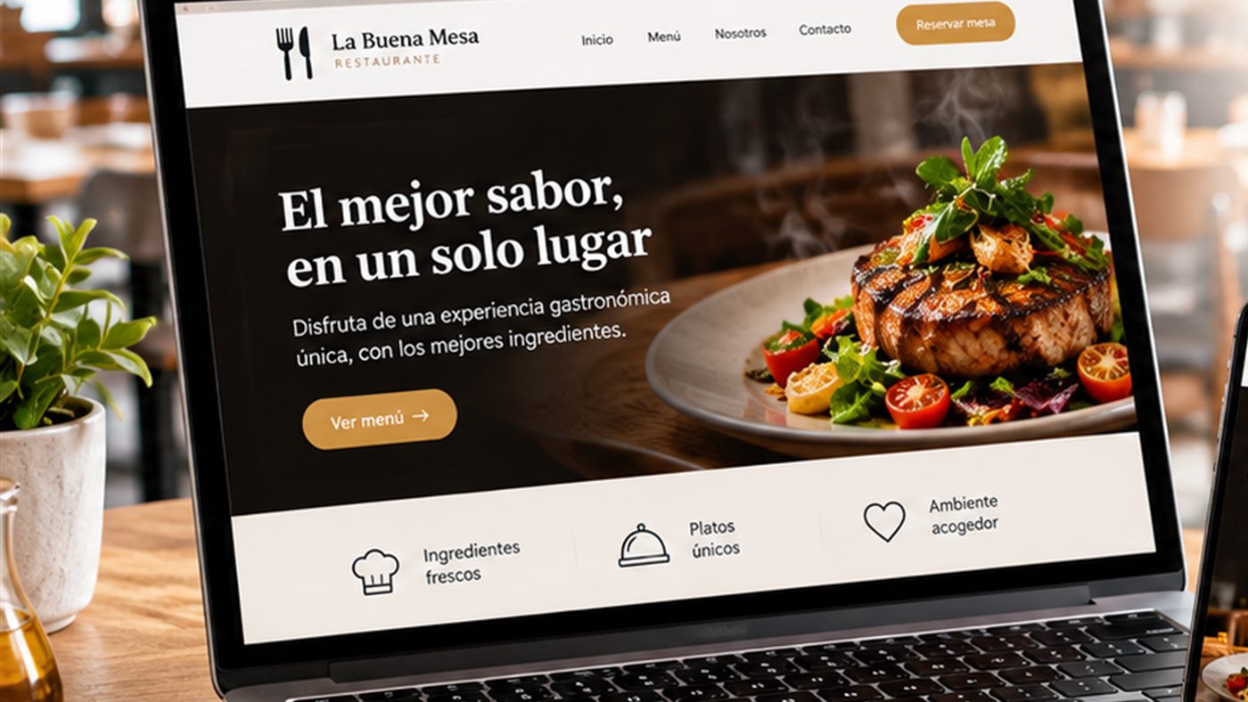 Laptop mostrando la web de un restaurante sobre una mesa