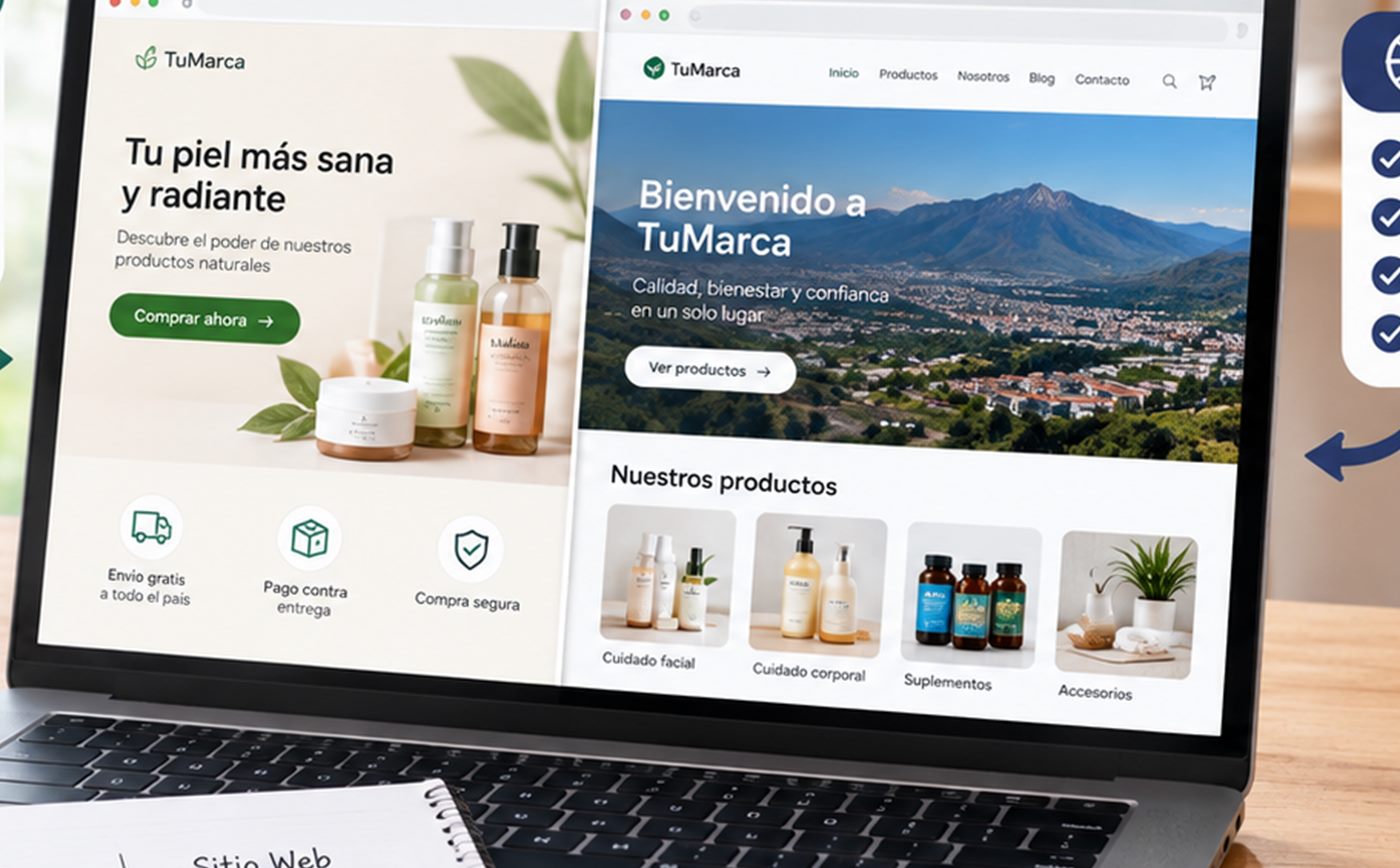 Laptop comparando una landing page y un sitio web completo