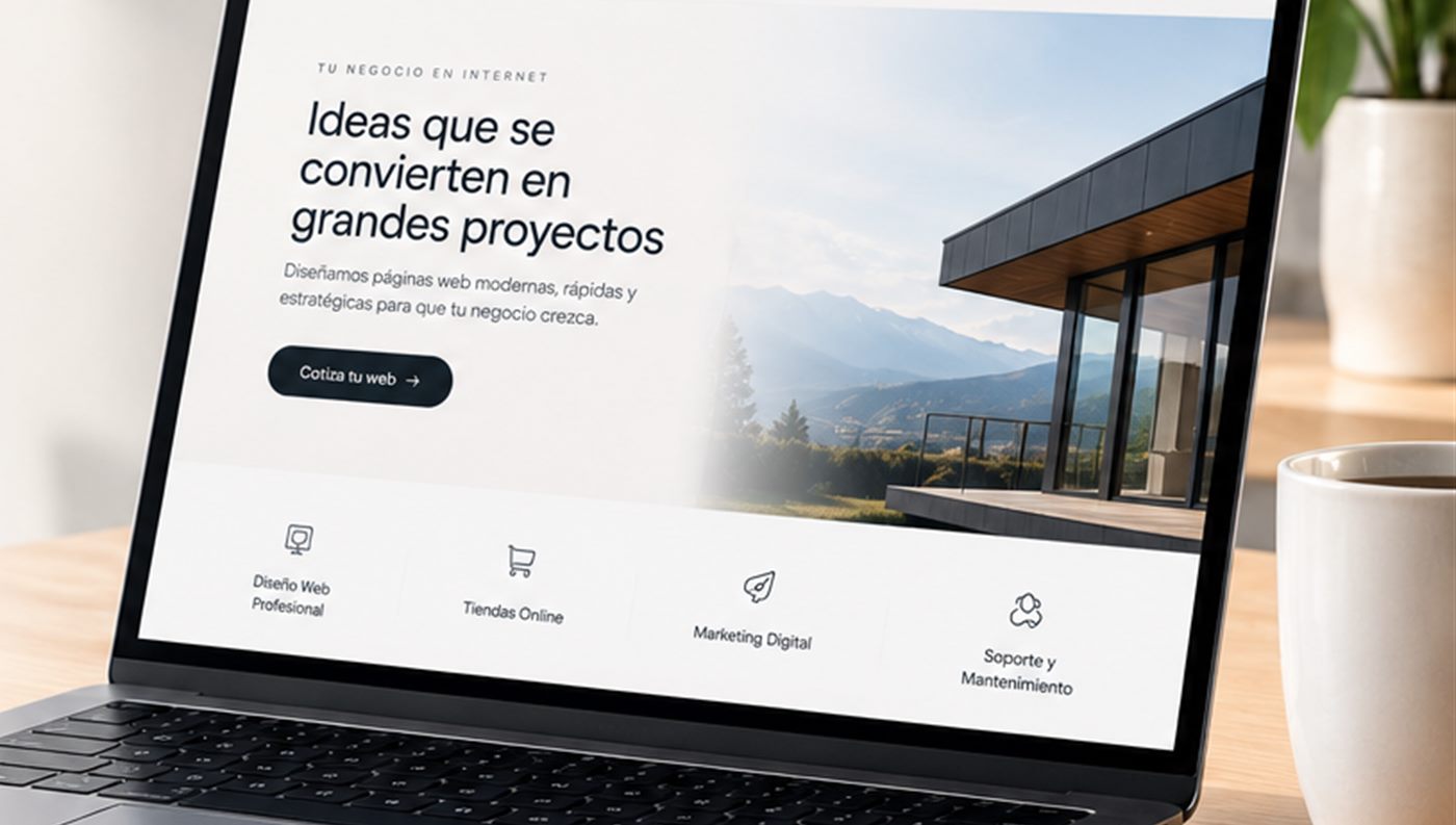 Laptop sobre un escritorio mostrando una página web profesional