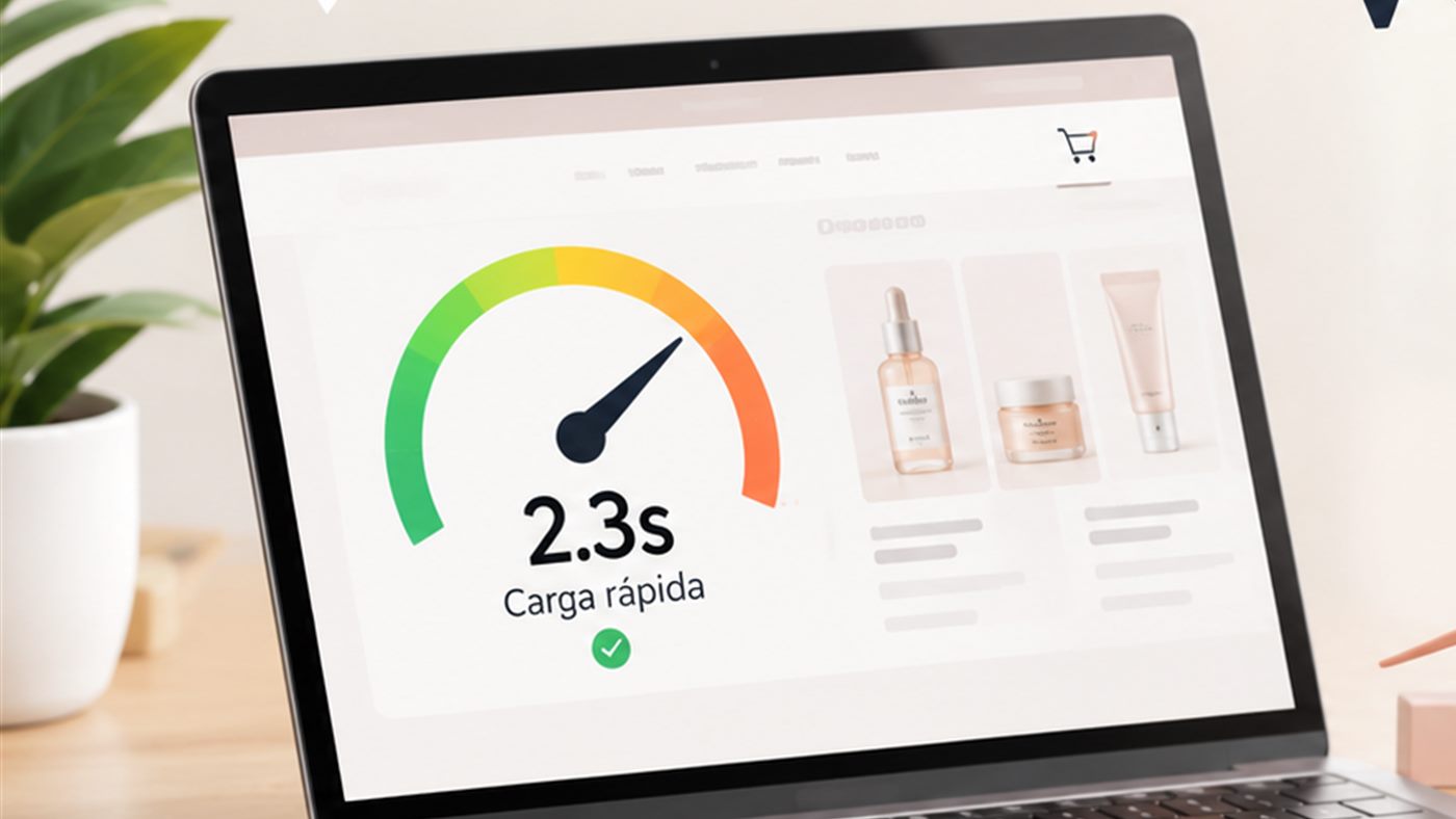 Laptop mostrando un medidor de velocidad de carga de una tienda online