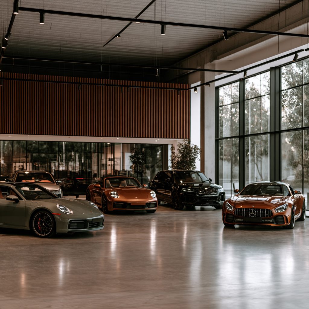 Showroom de un concesionario premium con varios autos de lujo y grandes ventanales