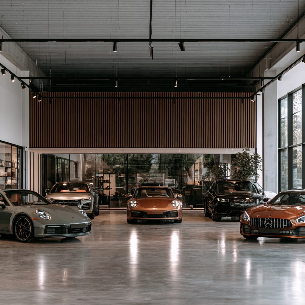 Interior del showroom con la colección de autos de lujo alineada