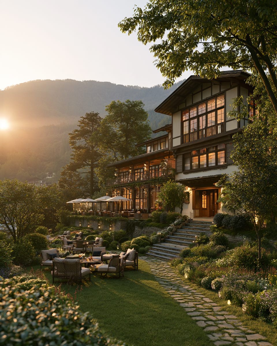 Fachada del hotel entre jardines y montañas al atardecer