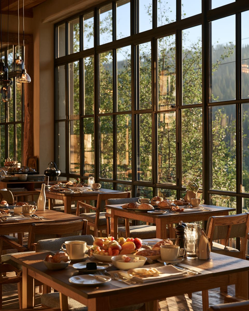Área de desayuno con grandes ventanales y vista al bosque