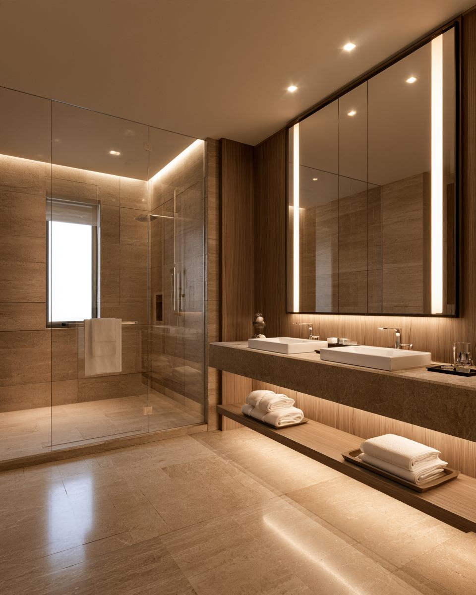 Baño de suite con doble lavabo y acabados modernos