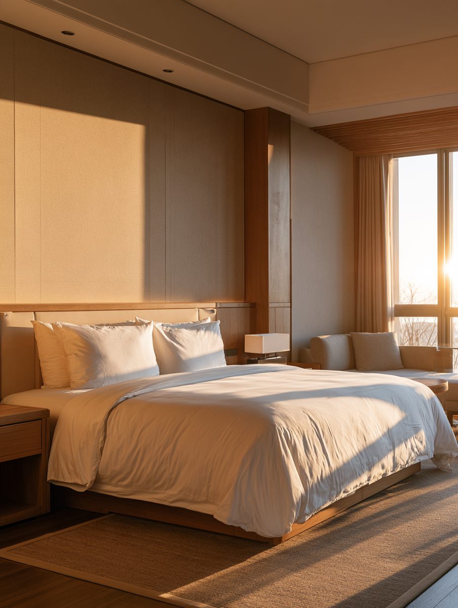 Habitación de hotel boutique con luz cálida de lámpara y ventana al atardecer