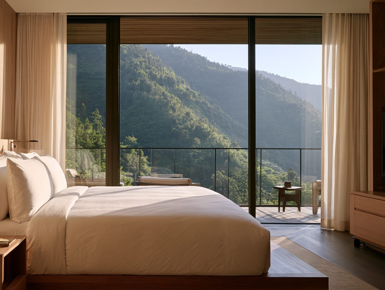 Habitación superior con ventanal de piso a techo y vista a la montaña