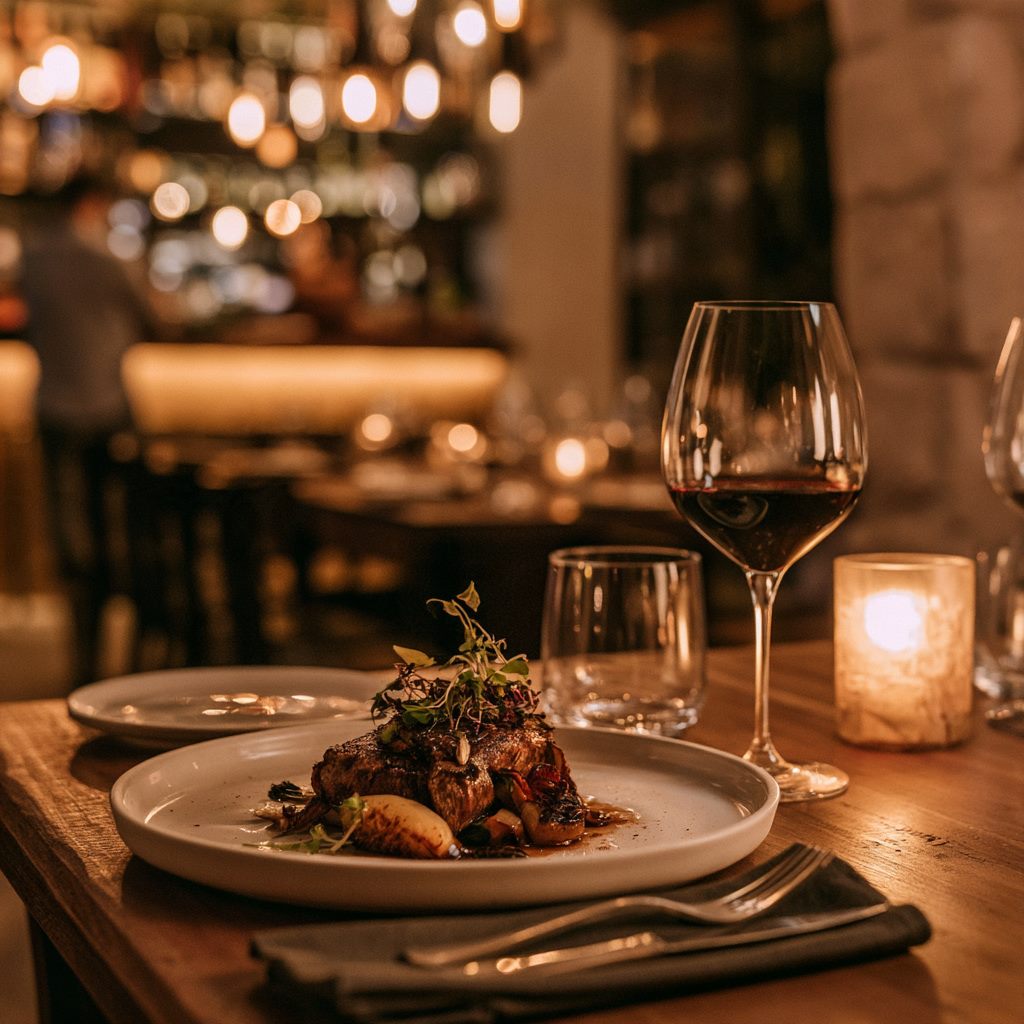 Mesa servida con plato principal y copas de vino en ambiente cálido