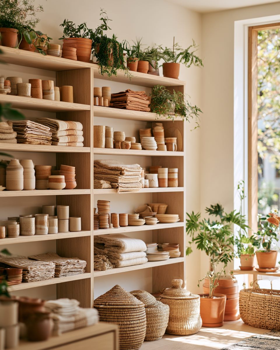 Interior cálido de la tienda con repisas de cerámica, textiles y plantas