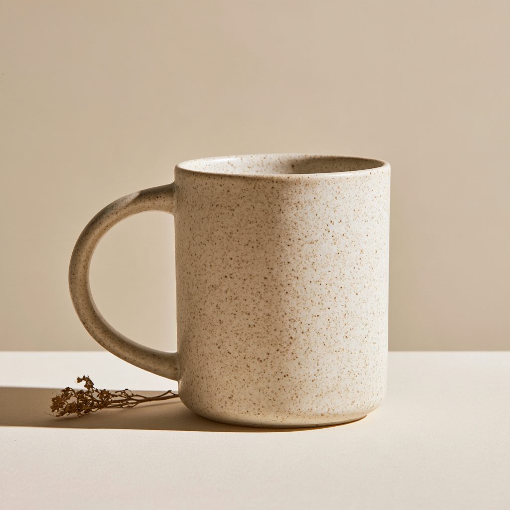 Taza de cerámica artesanal con esmalte moteado en tonos crema