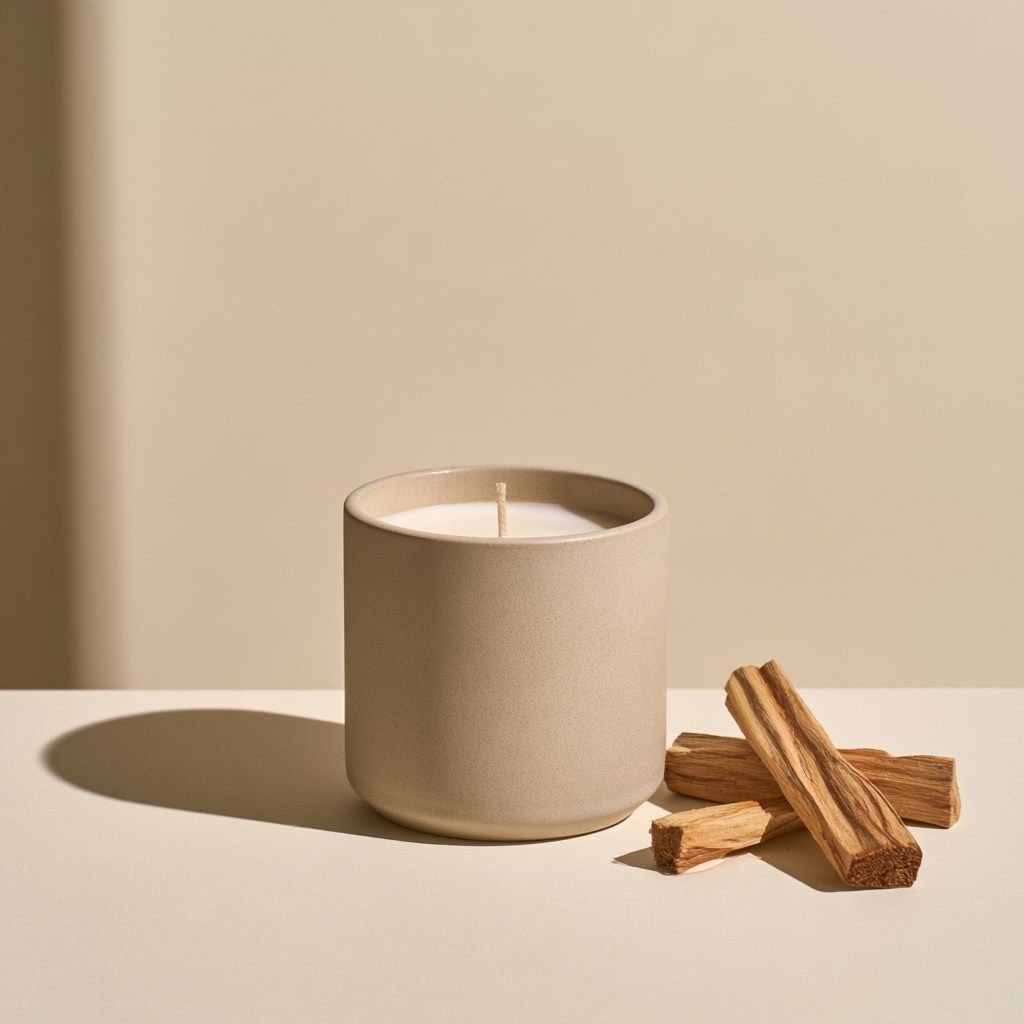 Vela de soya en recipiente de cerámica mate con palo santo al lado