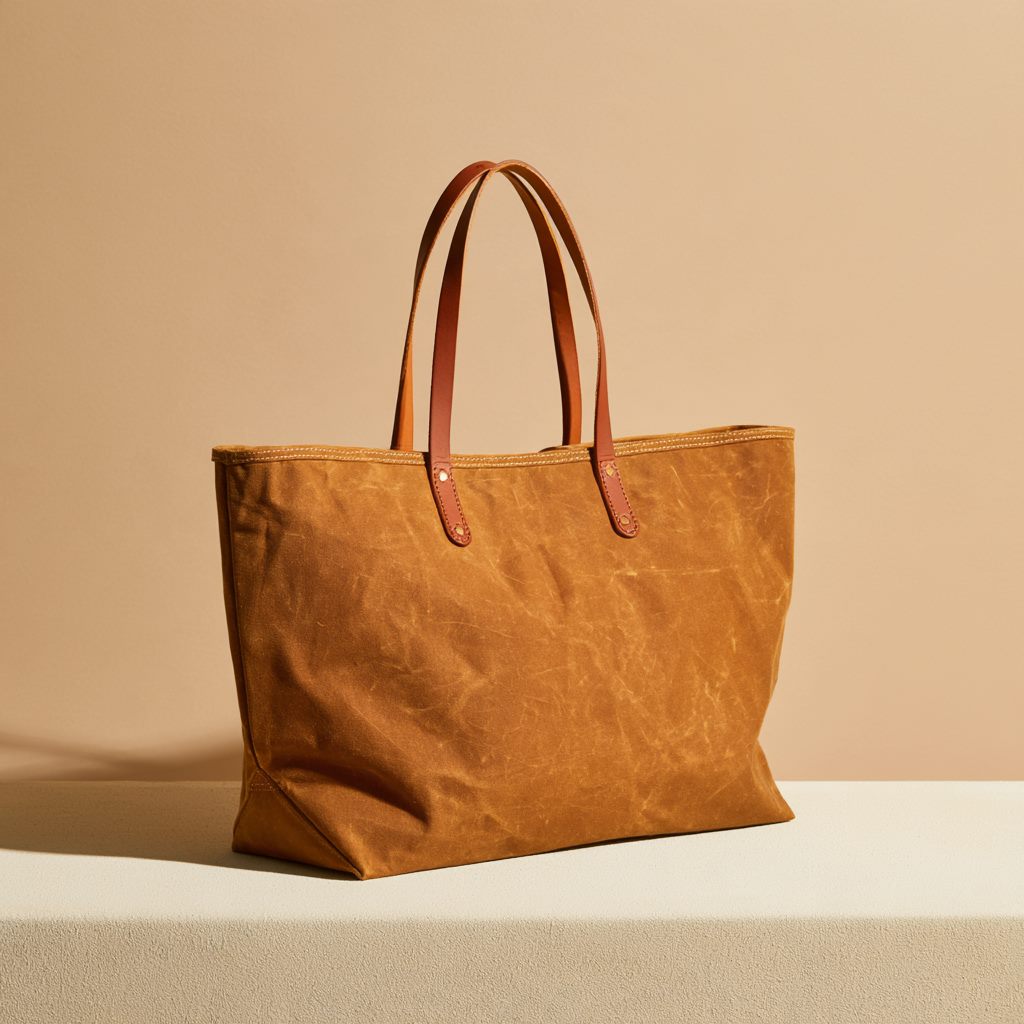 Bolso tote de lona encerada color camel con asas de cuero